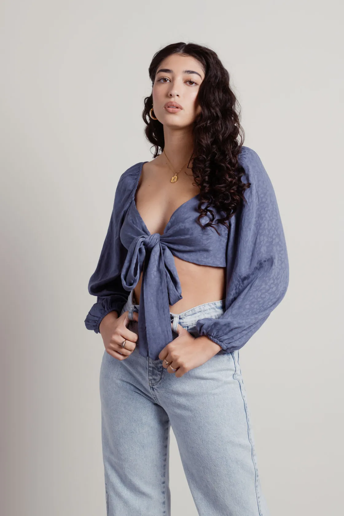 Tobi Move On Crop Top - Navy Satin Leopard