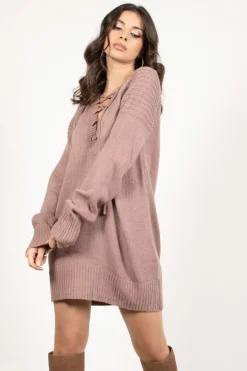 Tobi Never Forget You Lace Up Sweater Mini Dress - Taupe