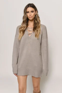 Tobi Never Forget You Lace Up Sweater Mini Dress - Taupe