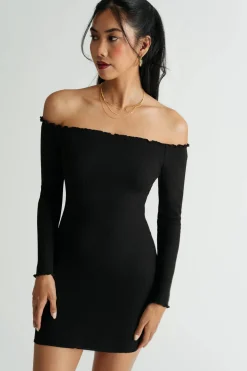 Tobi Nicki Off Shoulder Lettuce Trim Bodycon Mini Dress