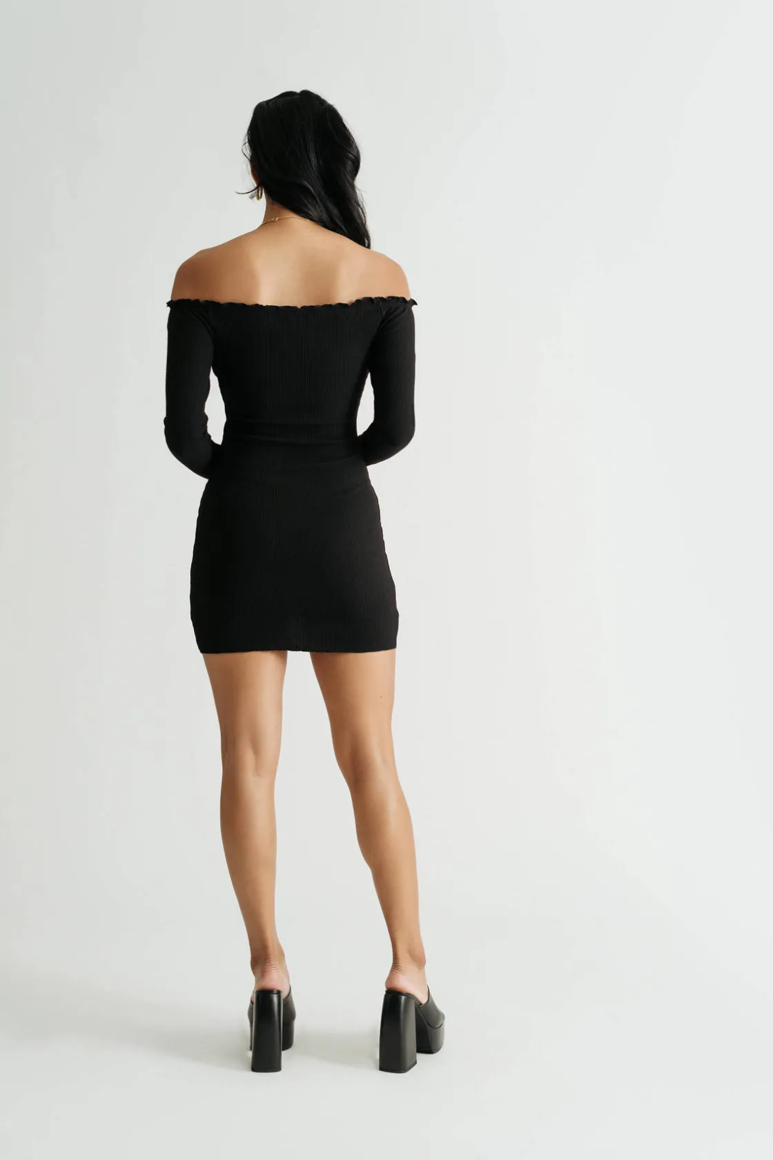 Tobi Nicki Off Shoulder Lettuce Trim Bodycon Mini Dress