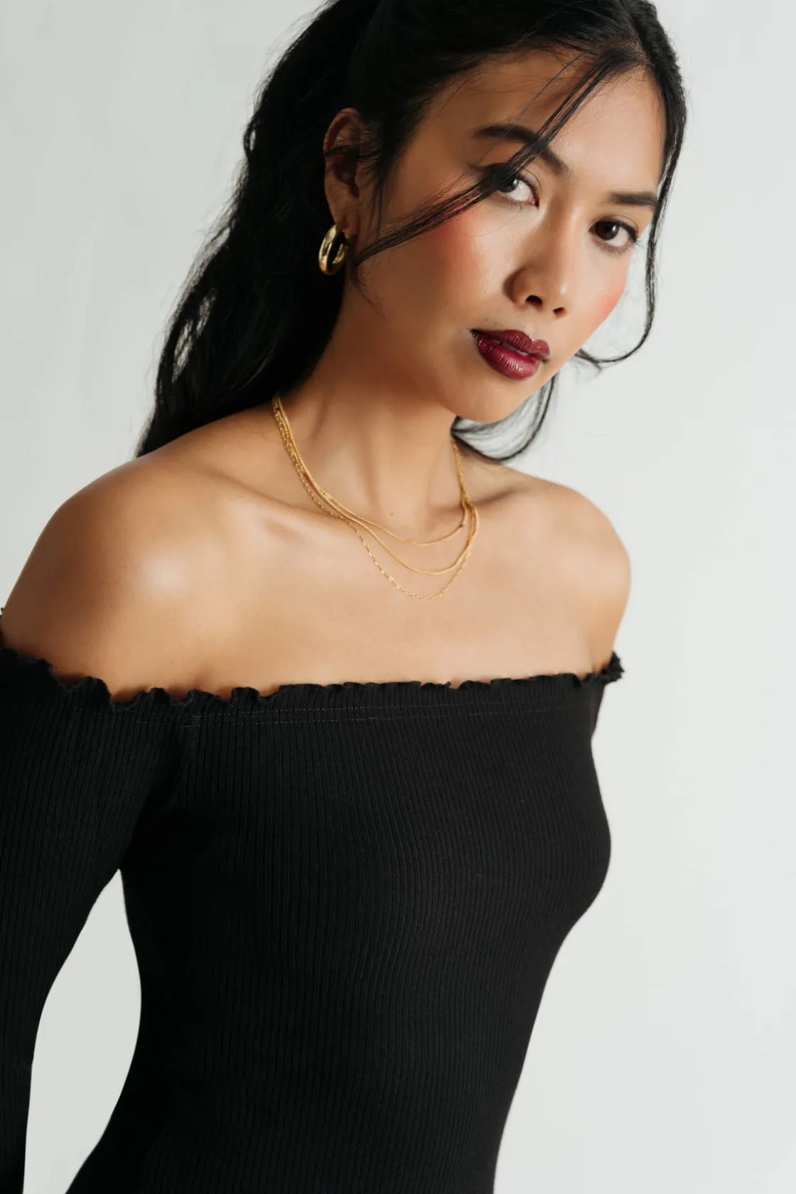 Tobi Nicki Off Shoulder Lettuce Trim Bodycon Mini Dress