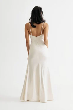 Tobi Nicola Cream Satin Shirred Slit Maxi Dress