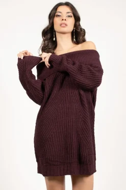 Tobi Nikki Ribbed Knit Off The Shoulder Mini Dress - Wine