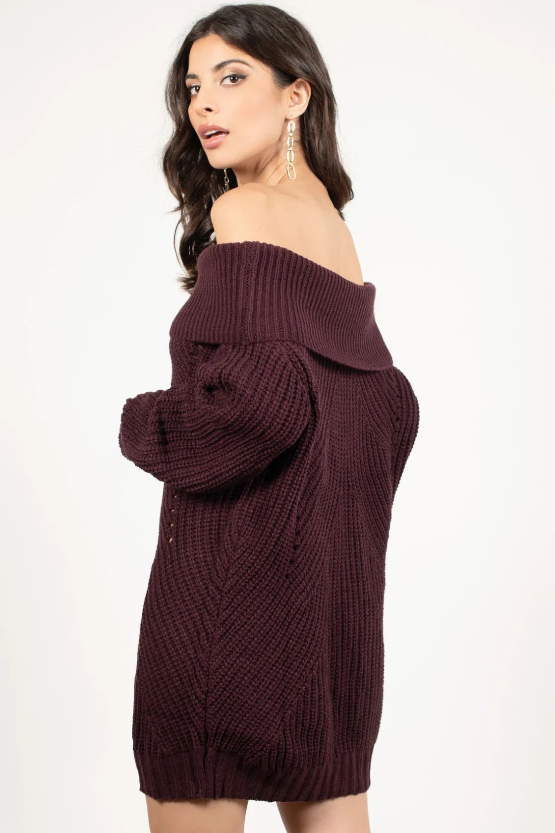 Tobi Nikki Ribbed Knit Off The Shoulder Mini Dress - Wine