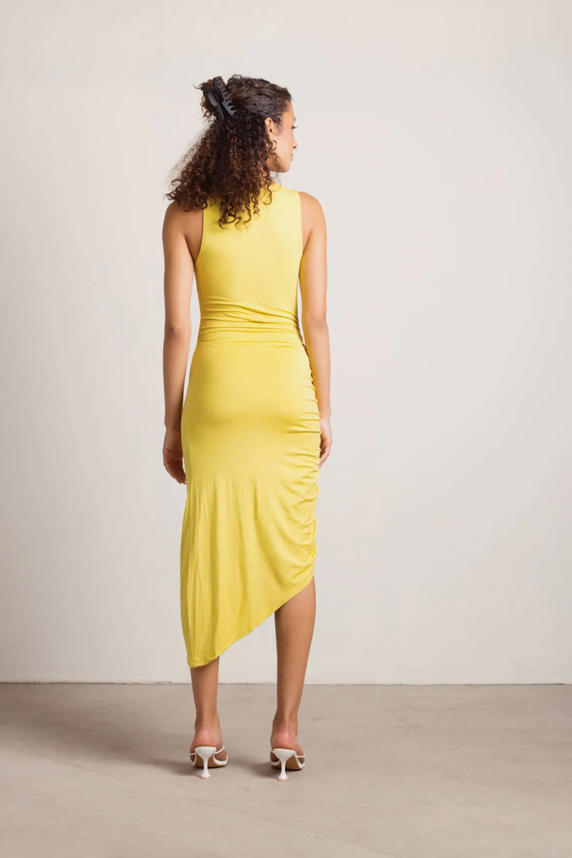 Tobi Nonsense Ruched Asymmetrical Midi Dress -