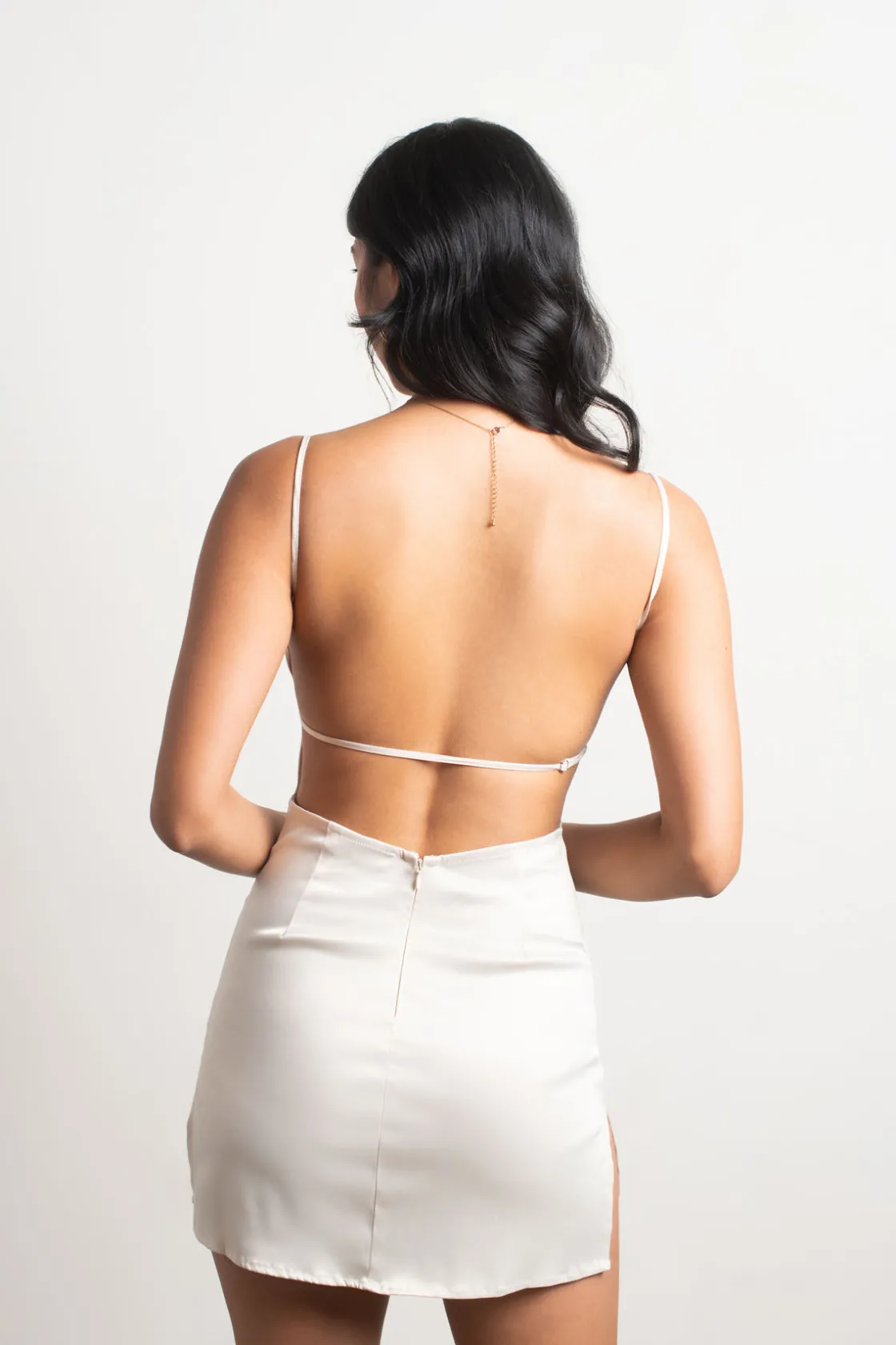 Tobi Nothing But Trouble Satin Open Back Mini Dress - Tan