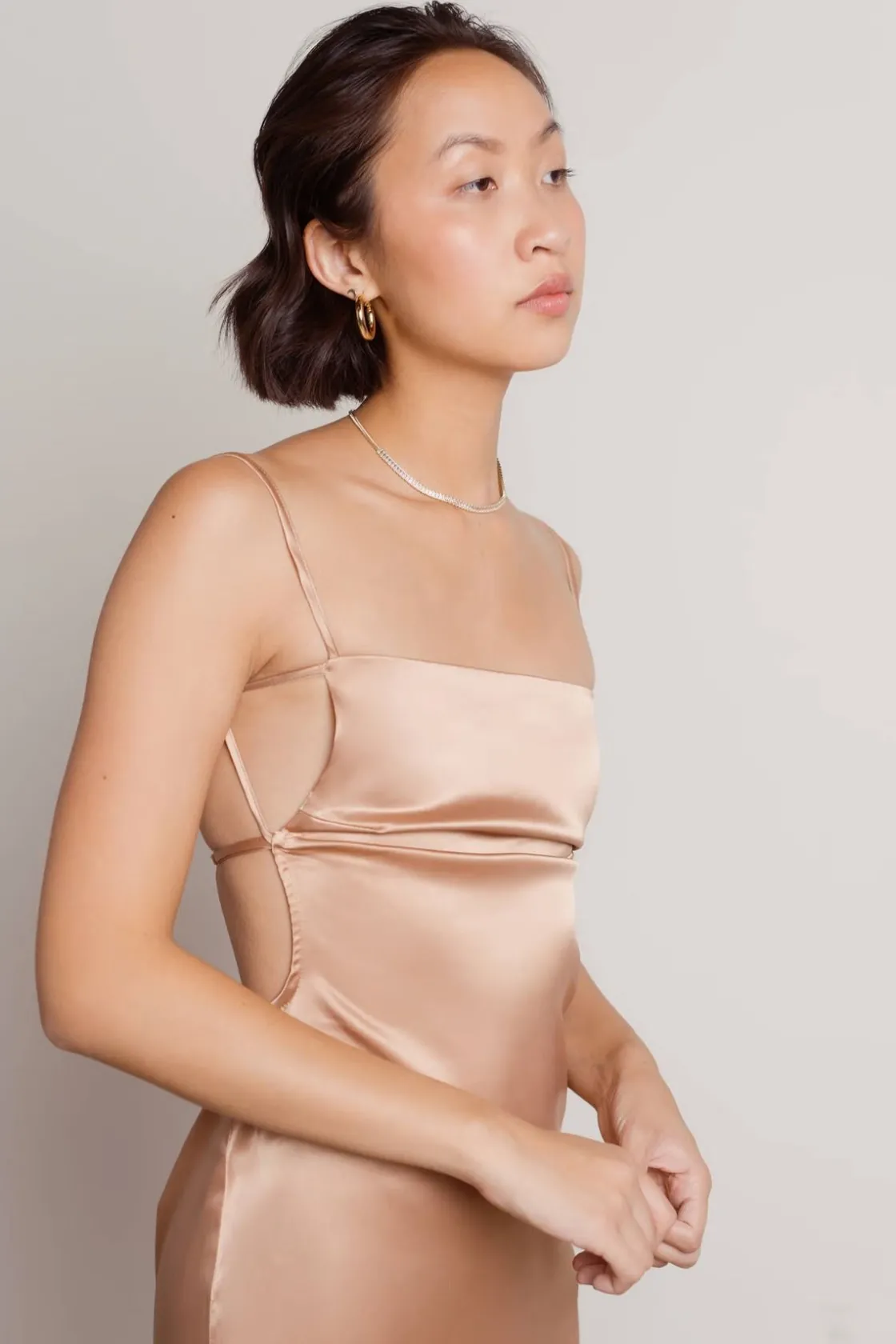 Tobi Nothing But Trouble Satin Open Back Mini Dress - Tan