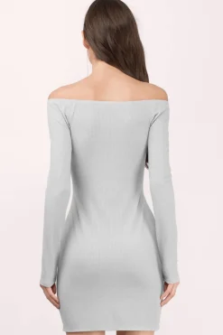 Tobi Off My Shoulder Ribbed Bodycon Mini Dress - Grey