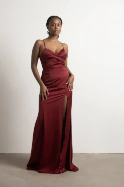 Tobi One More Night Satin High Slit Maxi Dress - Burgundy