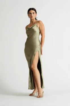 Tobi Our Moment Sage Cowl Neck Satin Slit Maxi Dress