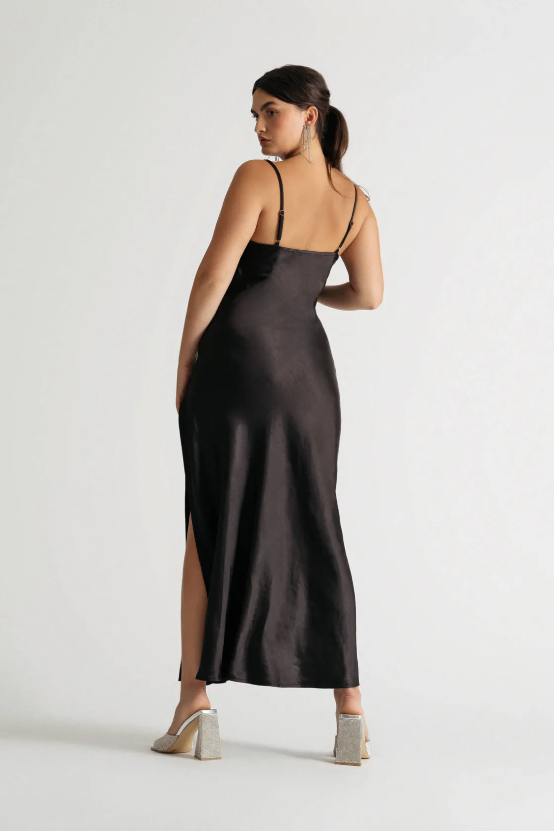 Tobi Our Moment Sage Cowl Neck Satin Slit Maxi Dress
