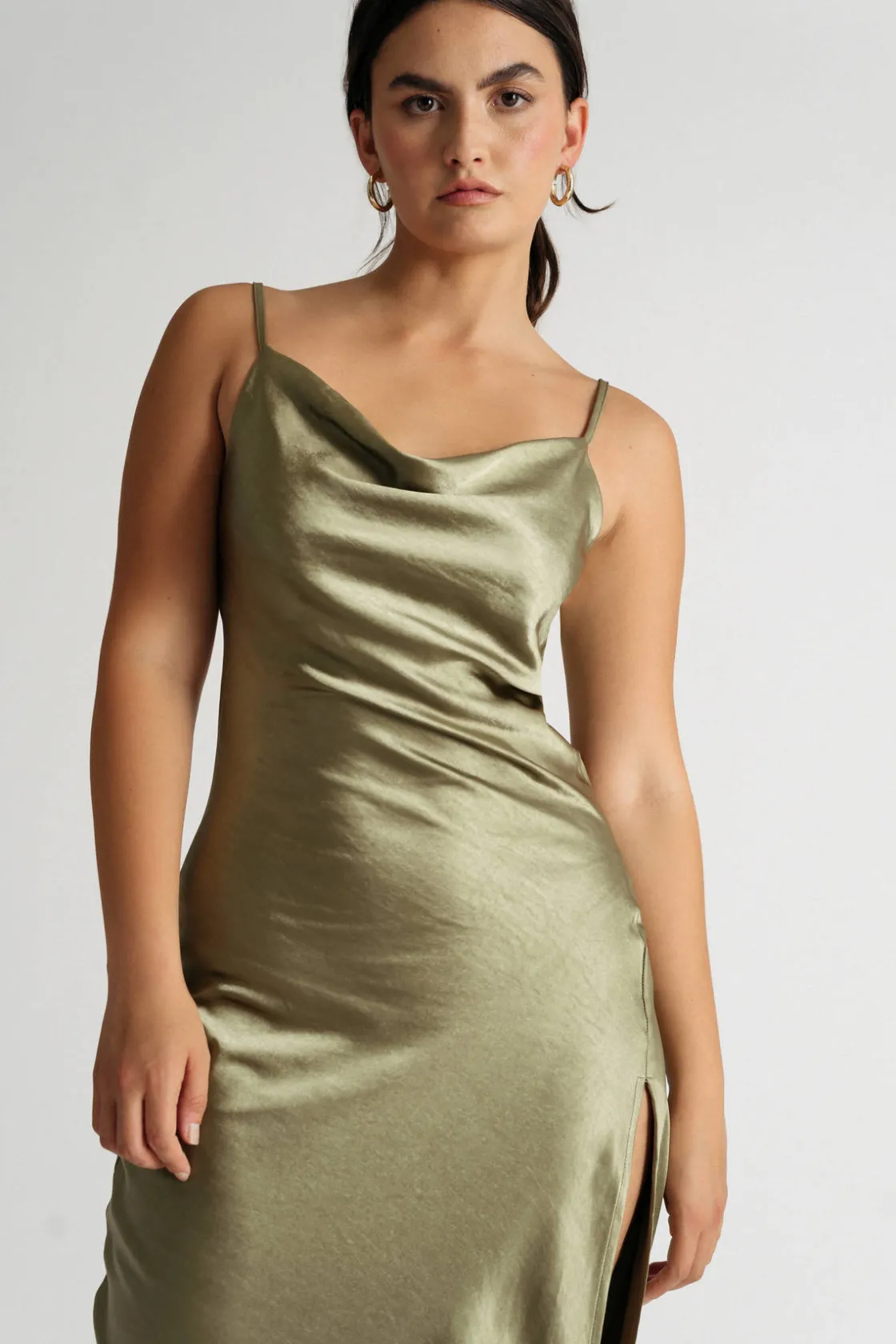 Tobi Our Moment Sage Cowl Neck Satin Slit Maxi Dress