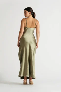 Tobi Our Moment Sage Cowl Neck Satin Slit Maxi Dress