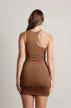 Tobi Pull It Off Asymmetrical Bodycon Mini Dress - Brown