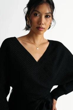 Tobi Rachael Wrap Sweater Mini Dress - Black