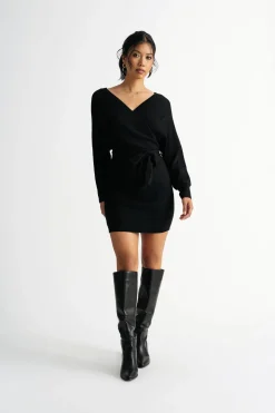 Tobi Rachael Wrap Sweater Mini Dress - Black