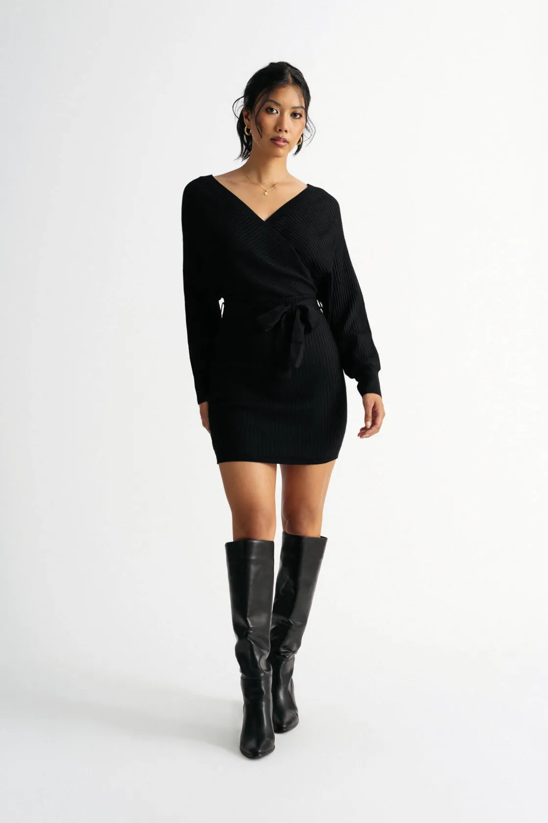 Tobi Rachael Wrap Sweater Mini Dress - Black