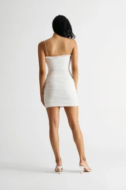 Tobi Rai Off White Ruffled And Ruched Lace-Up Mesh Bodycon Dress