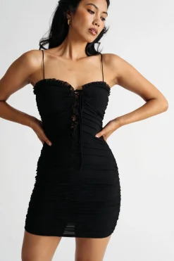 Tobi Rai Off White Ruffled And Ruched Lace-Up Mesh Bodycon Dress