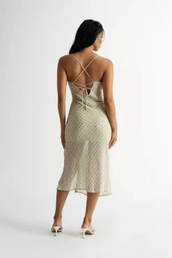 Tobi Ramie Plaid Cowl Neck Midi Dress -