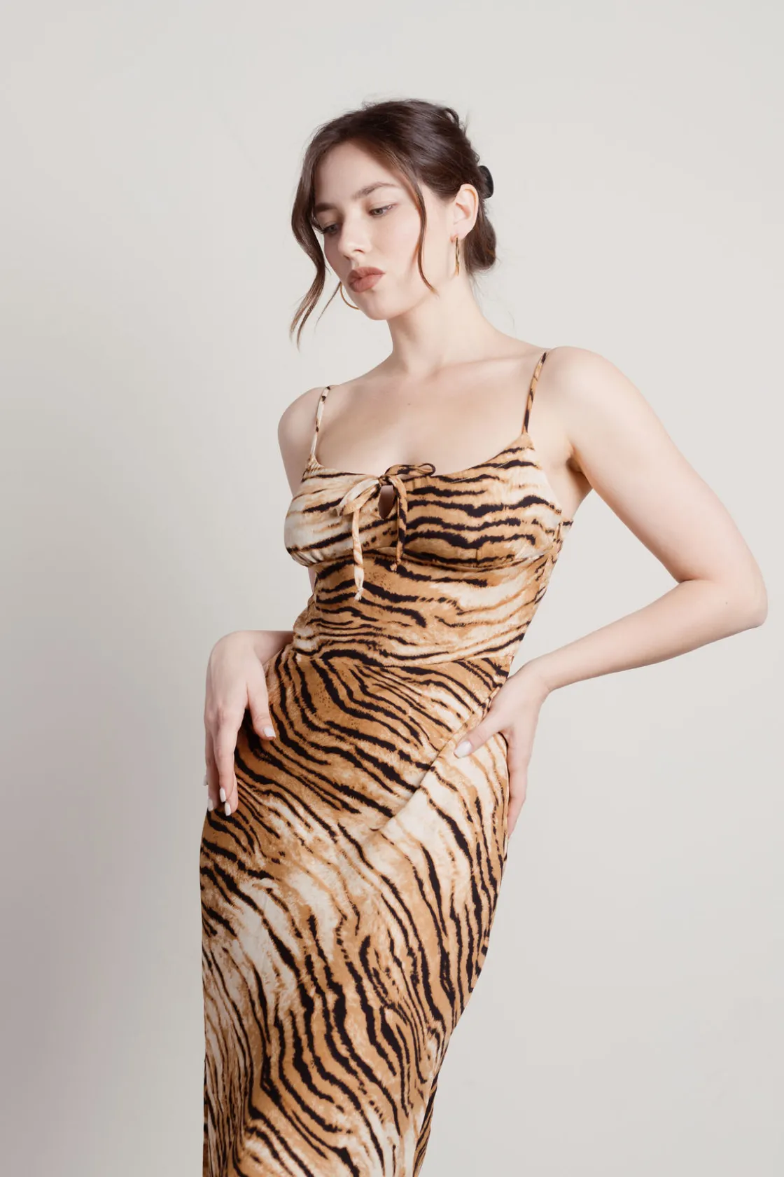 Tobi Rima Tiger Print Cami Midi Dress - Brown
