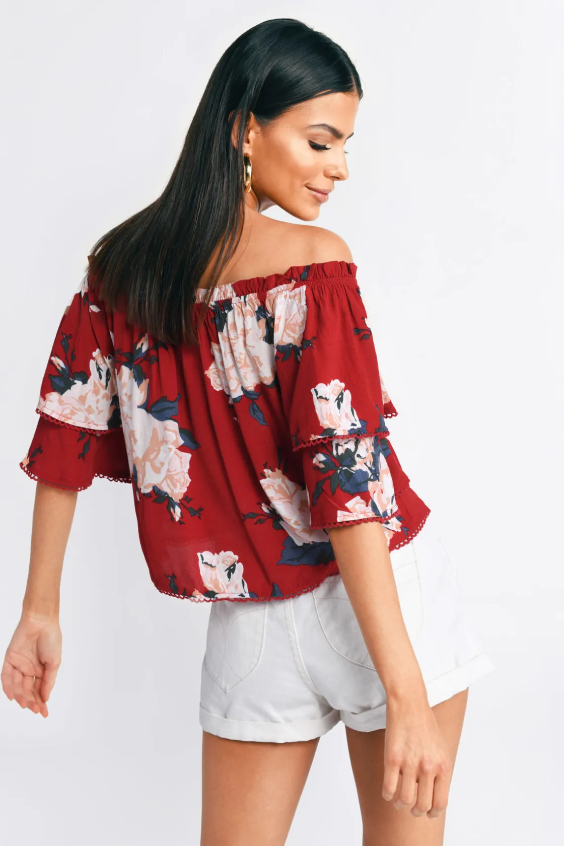 Tobi Rose Up Off The Shoulder Top -