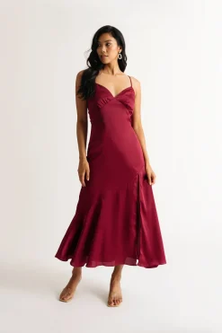 Tobi Rylie Satin High Slit Midi Dress - Navy