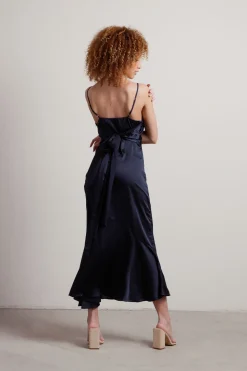 Tobi Rylie Satin High Slit Midi Dress - Navy
