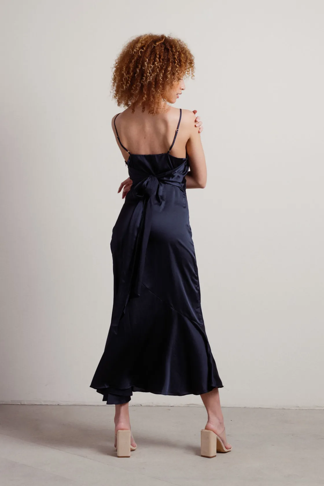 Tobi Rylie Satin High Slit Midi Dress - Navy