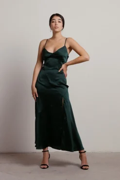 Tobi Rylie Satin High Slit Midi Dress - Navy