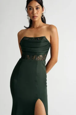 Tobi Sabrina Strapless Lace Satin Slit Maxi Dress