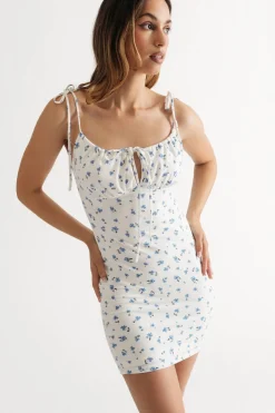Tobi Seasons In Love Floral Ruched Bust Mini Dress - White Blue