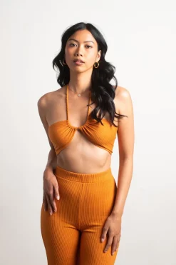 Tobi See You Around Ribbed Halter Crop Top Pants Set - Navy