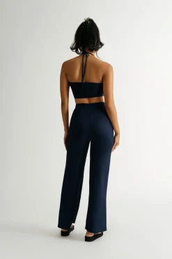Tobi See You Around Ribbed Halter Crop Top Pants Set - Navy