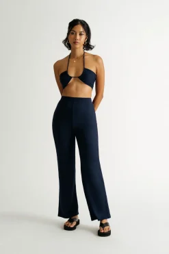 Tobi See You Around Ribbed Halter Crop Top Pants Set - Navy