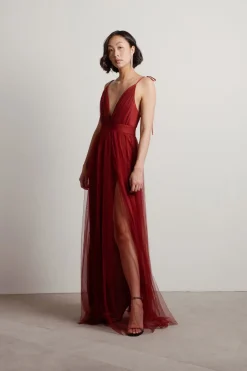 Tobi Slay The Night Deep V Double High Slit Maxi Dress - Burgundy