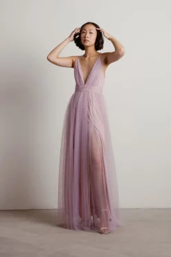 Tobi Slay The Night Deep V Double High Slit Maxi Dress - Burgundy