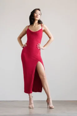 Tobi Slide Thru High Slit Cross Back Midi Dress - Red