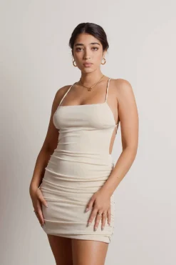 Tobi Slip Off Black Side Ruched Open Back Bodycon Mini Dress