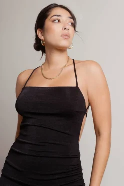 Tobi Slip Off Black Side Ruched Open Back Bodycon Mini Dress