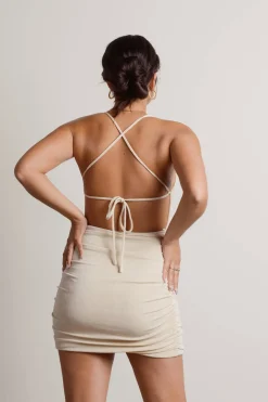 Tobi Slip Off Black Side Ruched Open Back Bodycon Mini Dress