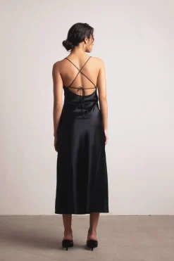 Tobi Slip On Satin Cutout Slit Midi Dress