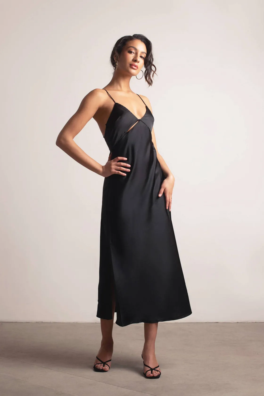 Tobi Slip On Satin Cutout Slit Midi Dress