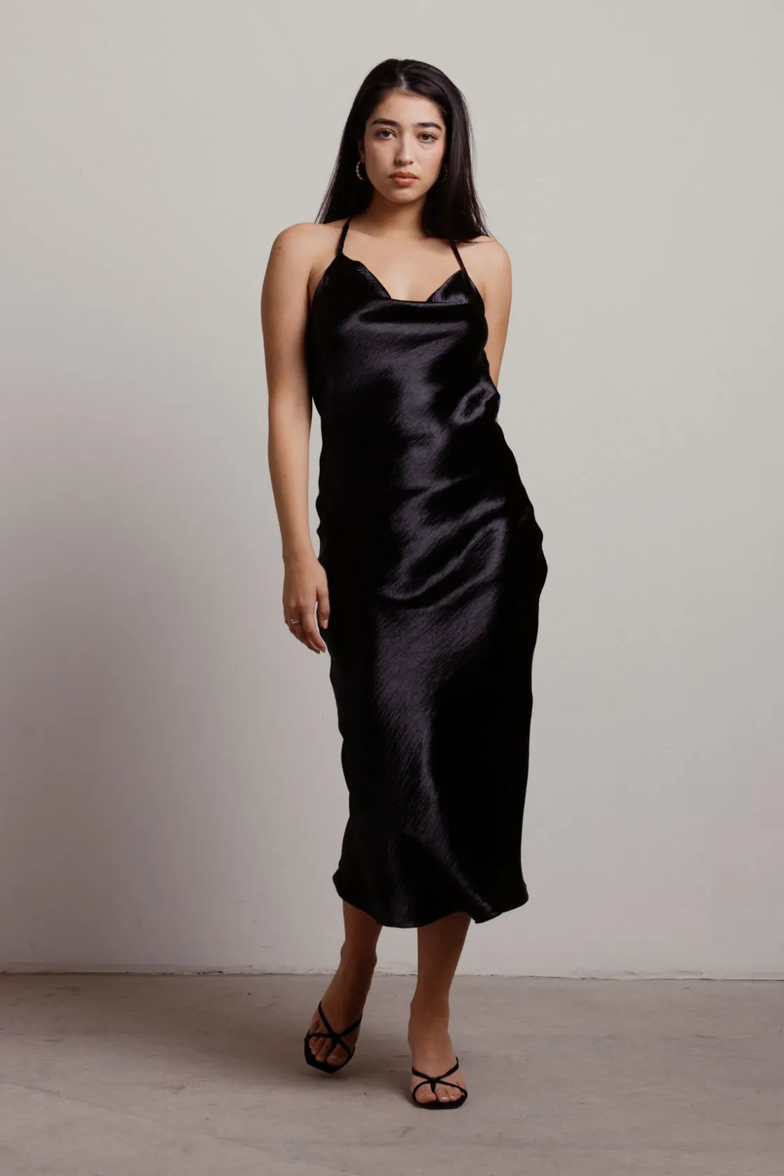 Tobi So Shiny Satin Cross Back Midi Dress -