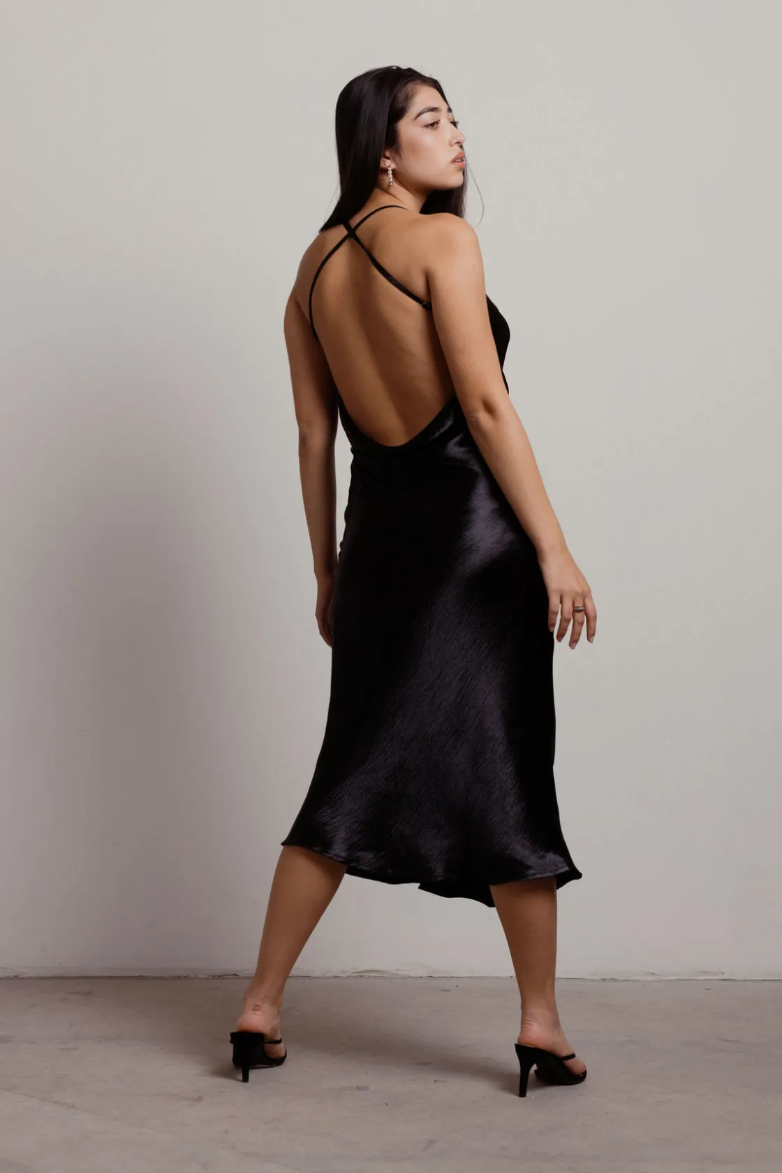 Tobi So Shiny Satin Cross Back Midi Dress -