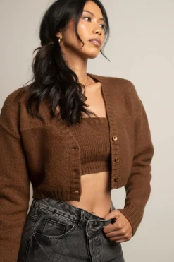 Tobi Sofie Knit Crop Top And Cardigan Set - Sage