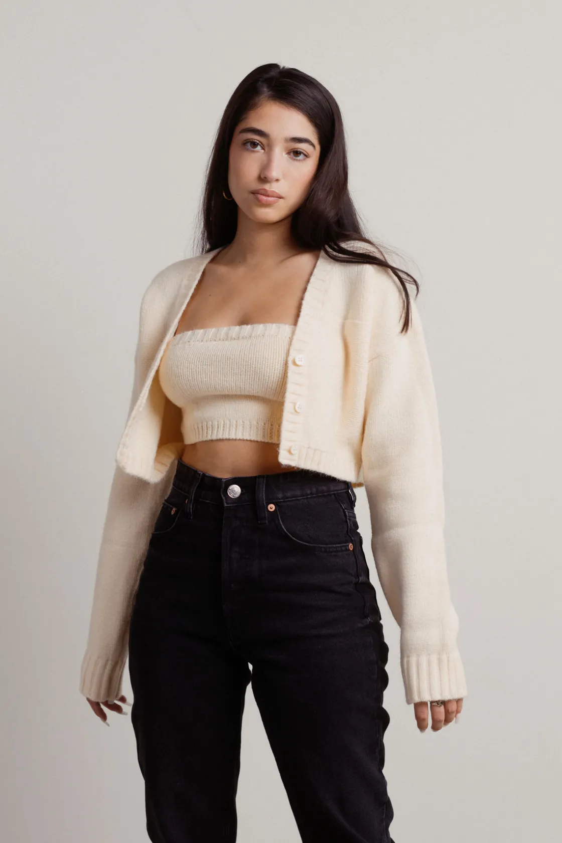 Tobi Sofie Knit Crop Top And Cardigan Set - Sage