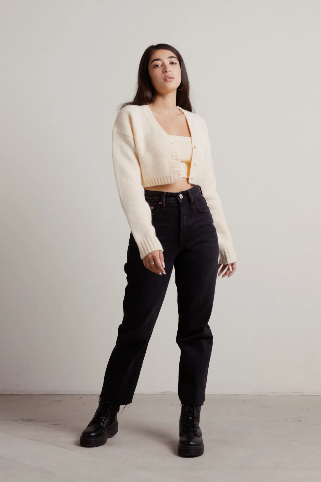 Tobi Sofie Knit Crop Top And Cardigan Set - Sage