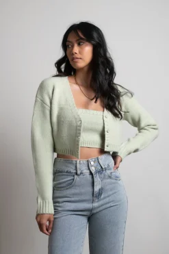 Tobi Sofie Knit Crop Top And Cardigan Set - Sage